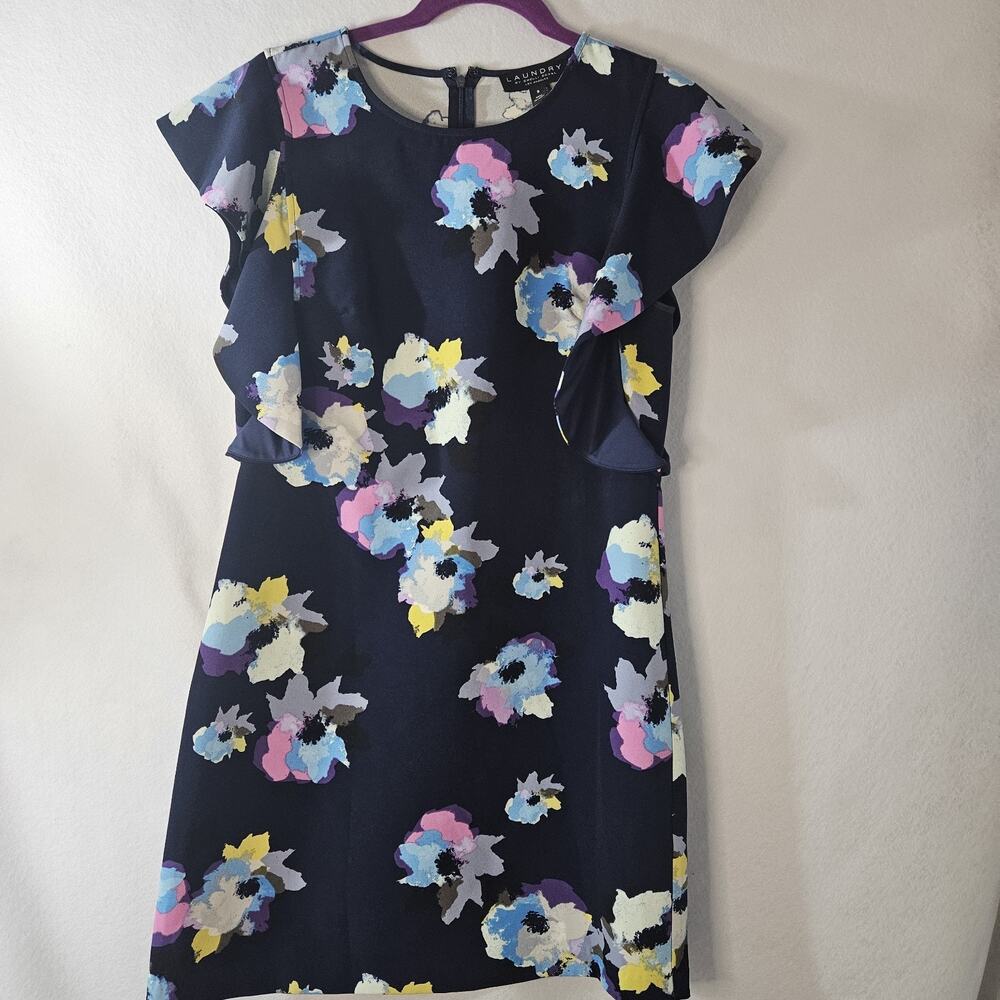 LAUNDRY By SHELLI SEGAL Sz 8 Navy Blue Floral Dress Flutter Sleeve Zip